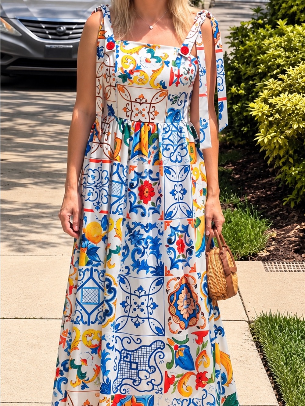YS Mediterranean Majolica Tile Print Maxi Dress Size L